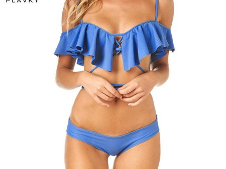 2017 Sexy Off Shoulder Ruffled Bandeau Thong Biquini Strappy Swimsuit Discount